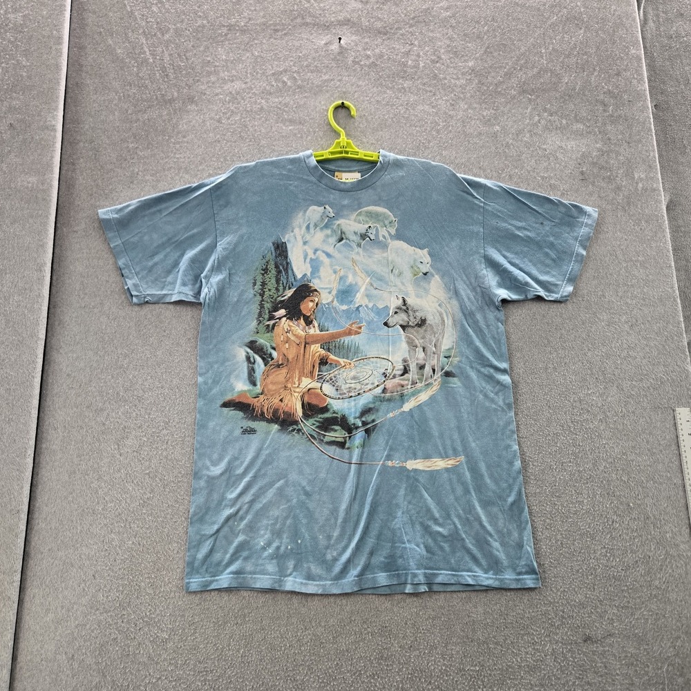 VINTAGE The Mountain Men Shirt XL Blue Graphic Print Wolf Dreamcatcher Tee READ